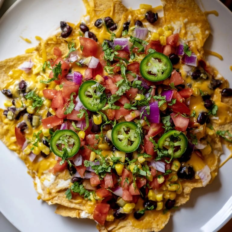 Golden, bubbly sheet pan nachos, loaded with fresh, colorful garnishes perfect for sharing at a party.