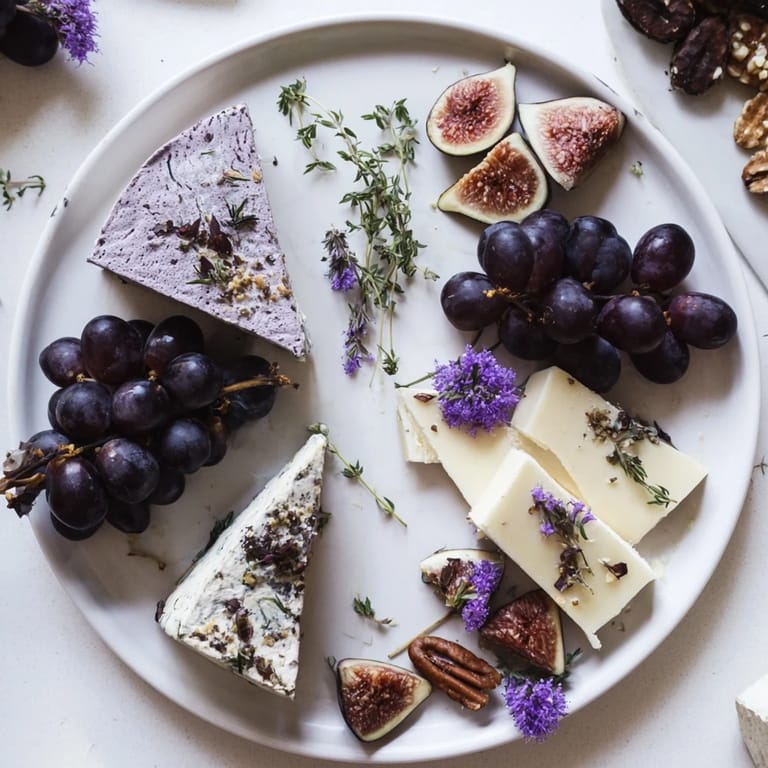 Elegant The Lavender Haze cheese board: ash-rinded brie and lavender goat cheese, perfect for entertaining.