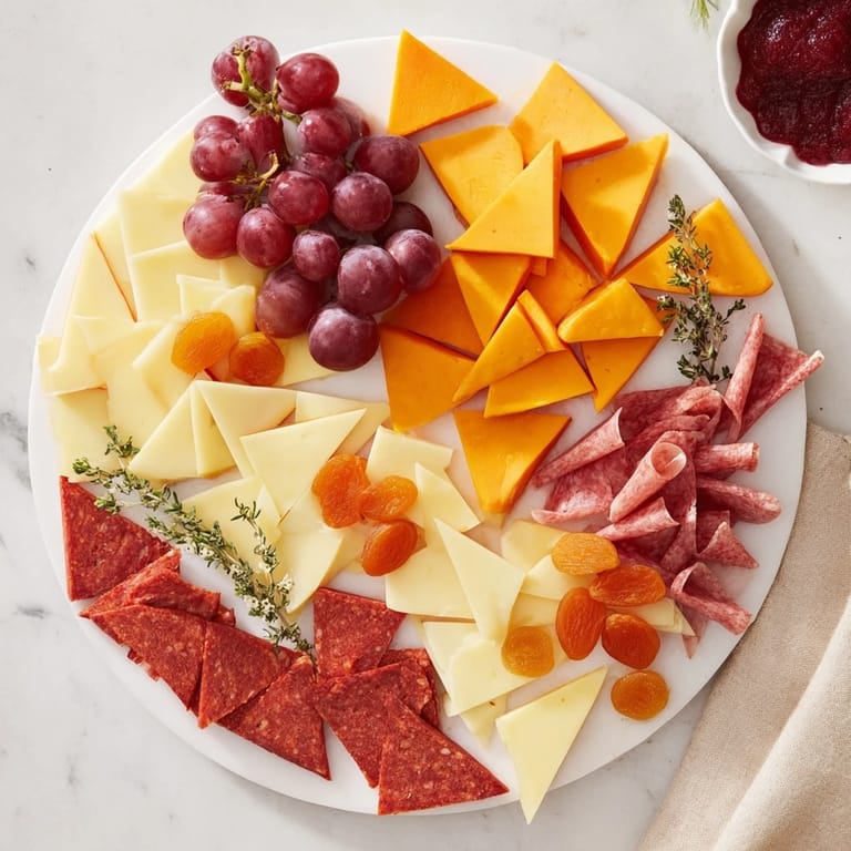Geometric Gala features visually appealing cheeses and cured meats carefully cut for a striking appetizer platter.