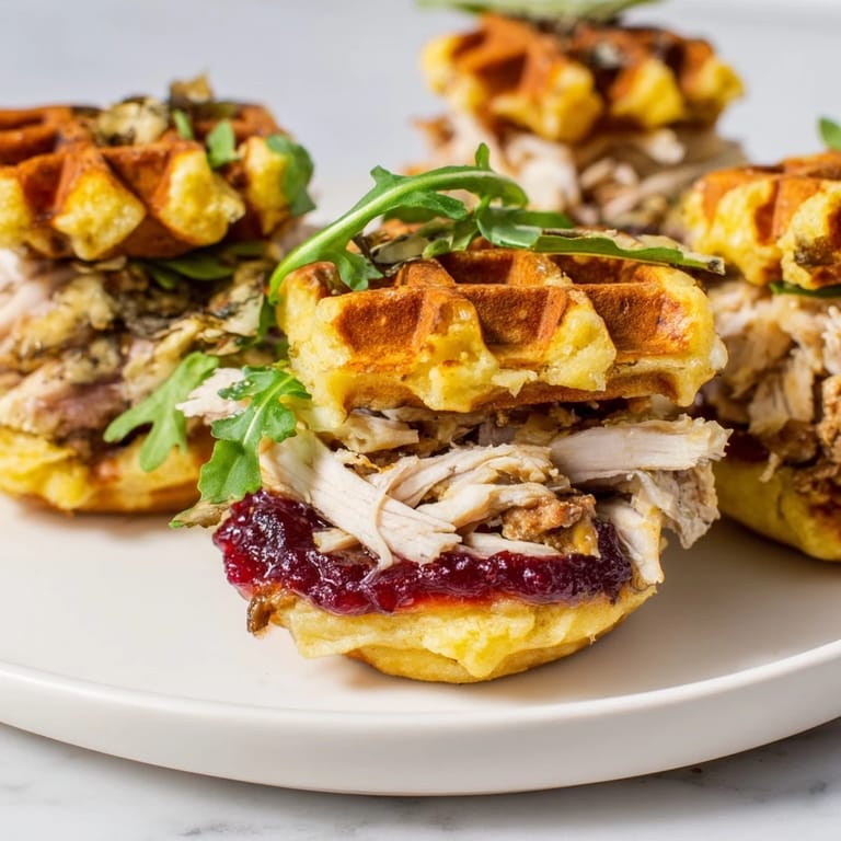 Savory stuffing waffle sliders with tender chicken and tangy cranberry sauce are ready to enjoy.