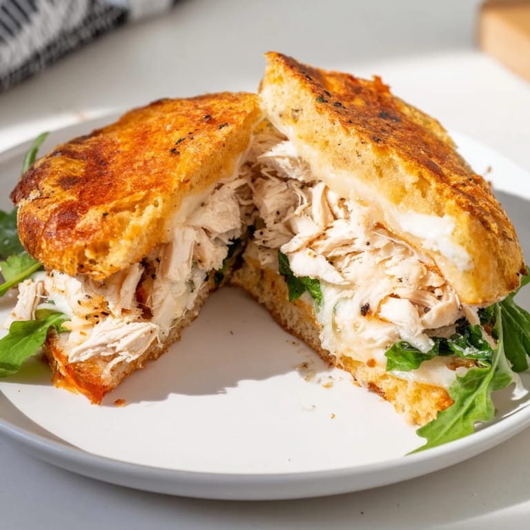 A close up shows the delicious layers of a Leftover Pizza Chicken Sandwich, ready to be enjoyed.