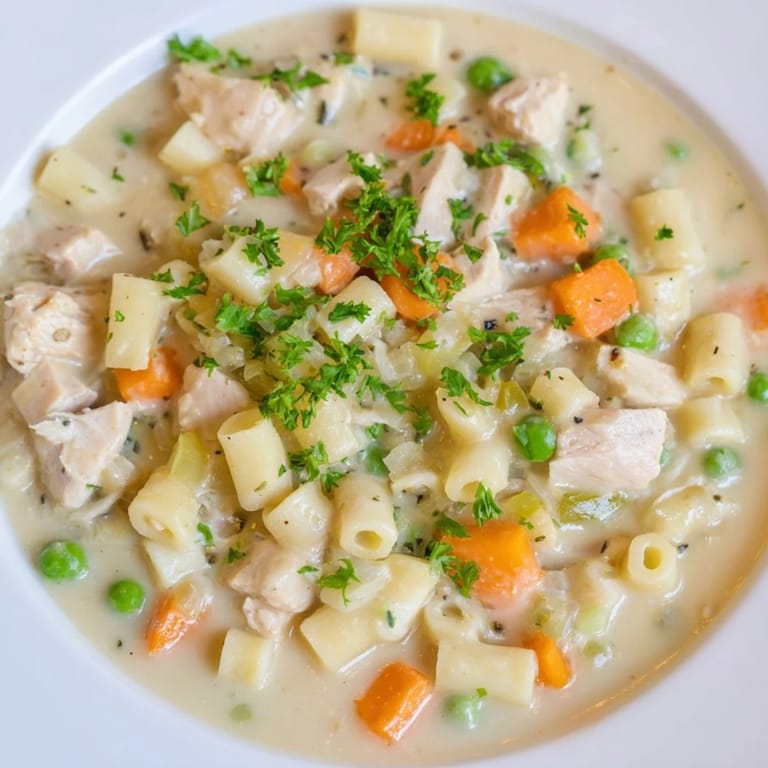 A bowl of hearty Chicken Pot Pie Pasta Soup, filled with visible vegetables and tender chicken.