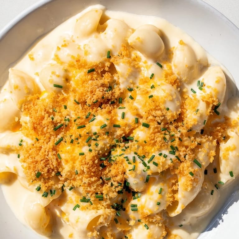 Golden, cheesy Cottage Cheese Mac and Cheese, ready to eat, with a sprinkle of fresh herbs.