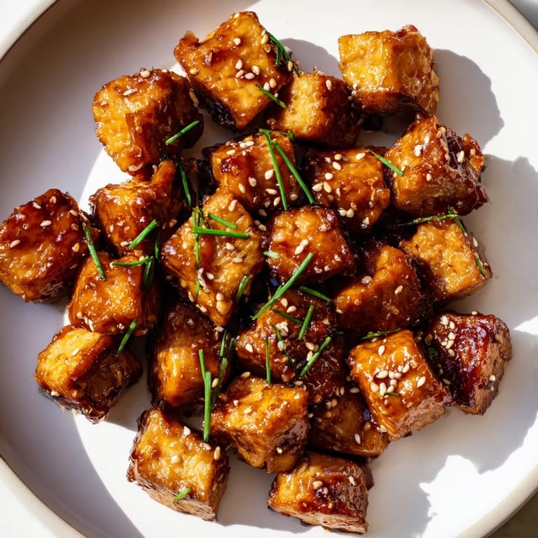 Close-up of crispy, air fryer chicken bites, offering a sweet-savory flavor and garnished with fresh green onion.