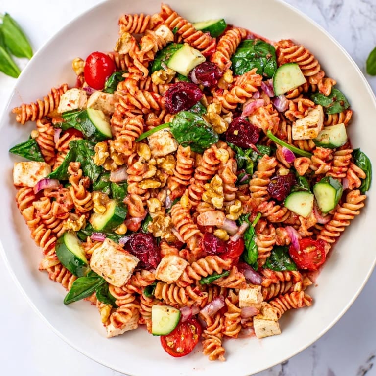 This beautiful Pasta Salad with Cranberry Vinaigrette features juicy tomatoes and a tangy, homemade dressing.