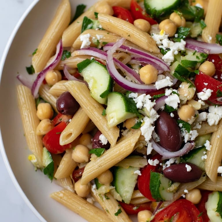 A colorful Mediterranean pasta salad with chickpeas, ideal for a light lunch, topped with feta cheese.
