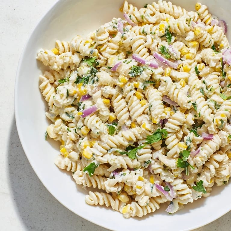 A bright photo of Creamy Street Corn Pasta Salad with fresh cilantro; perfect for any summer meal.