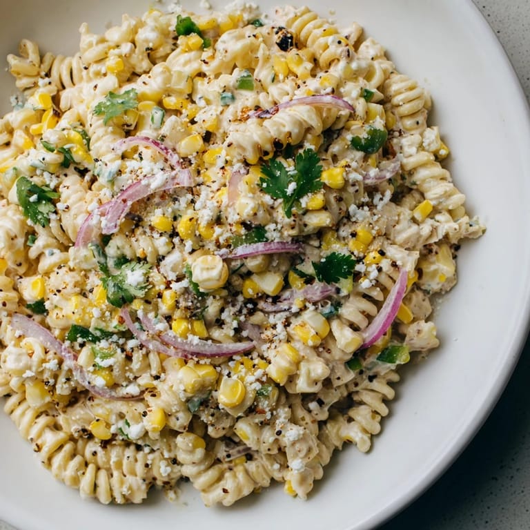 This satisfying, visually appealing Creamy Street Corn Pasta Salad features tangy lime and spicy flavors.
