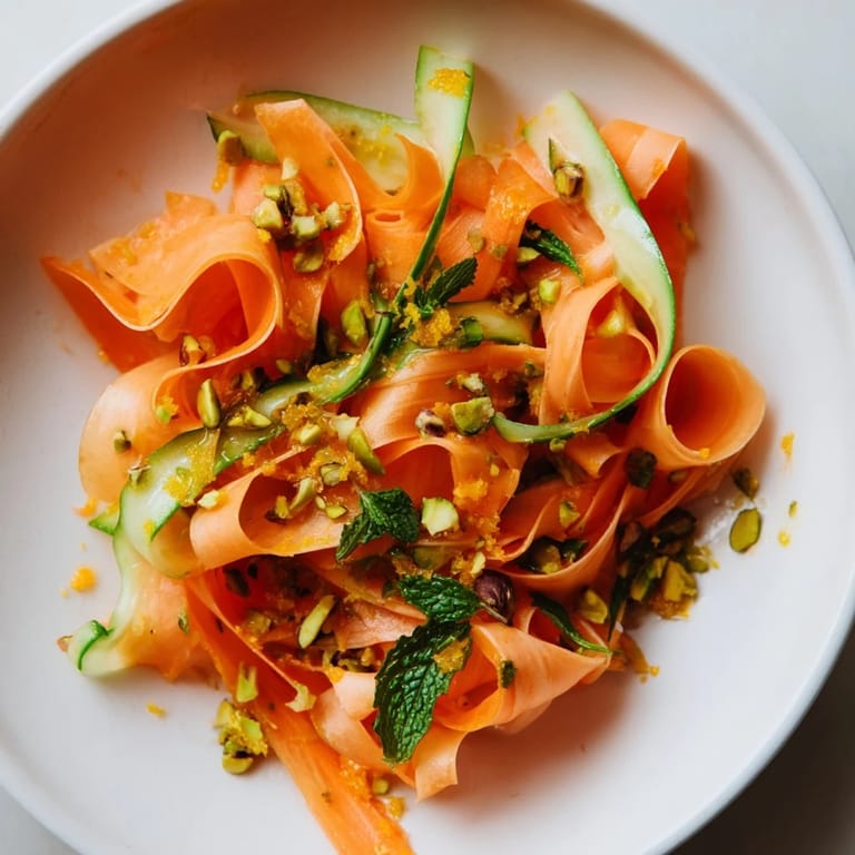 Freshly made Citrus Carrot Ribbon Salad showcases colorful ribbons, drizzled with honey-citrus dressing.