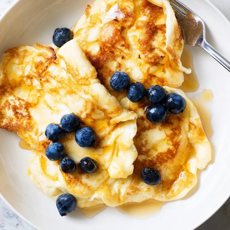 Soft and tender scrambled pancakes, served warm with blueberries, perfect for an American breakfast.