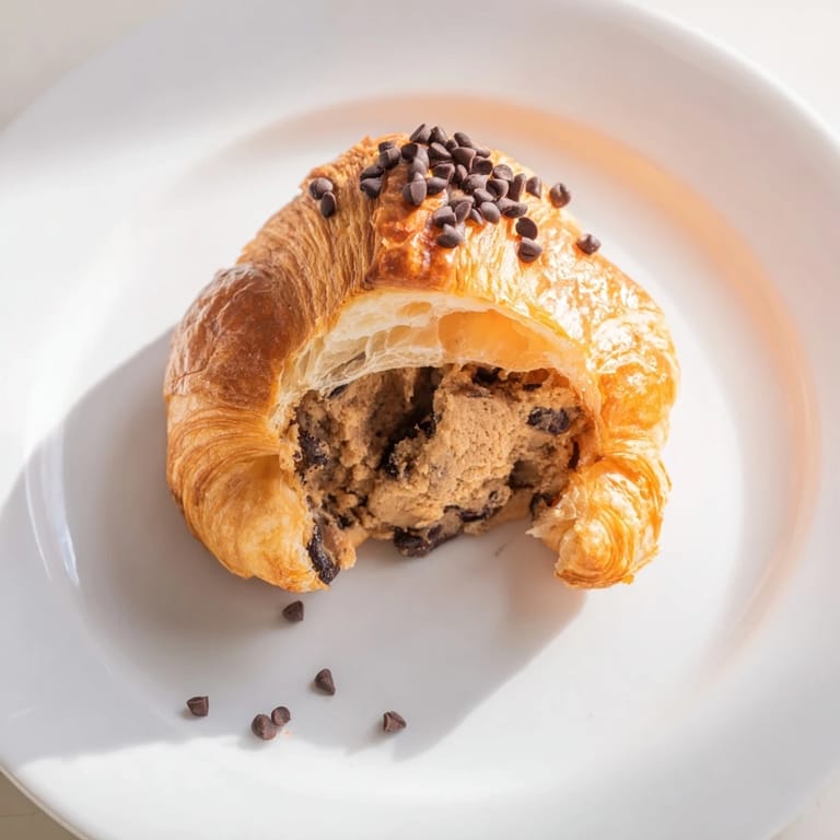 Warm, gooey Chocolate Cookie Croissants: buttery, golden pastries with chocolate chip cookie dough inside.