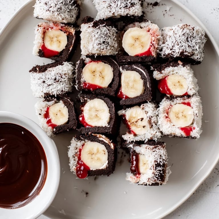 Close-up of colorful Oreo Cookie Sushi Rolls arranged around a bowl of chocolate soy dipping sauce.