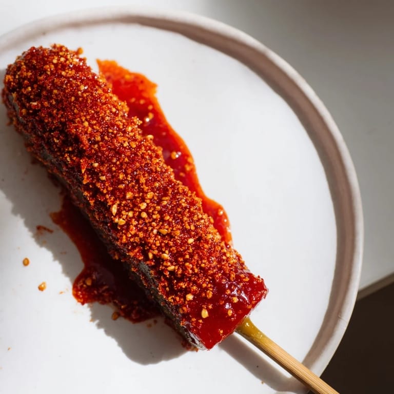 Vibrant photo of Chamoy-Tajín pickle sticks glistening with chamoy and Tajín seasoning, perfect for a spicy snack.