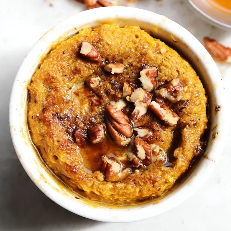 Fluffy, oven-baked pumpkin spice oats topped with pecans, offering a sweet and spiced morning meal.