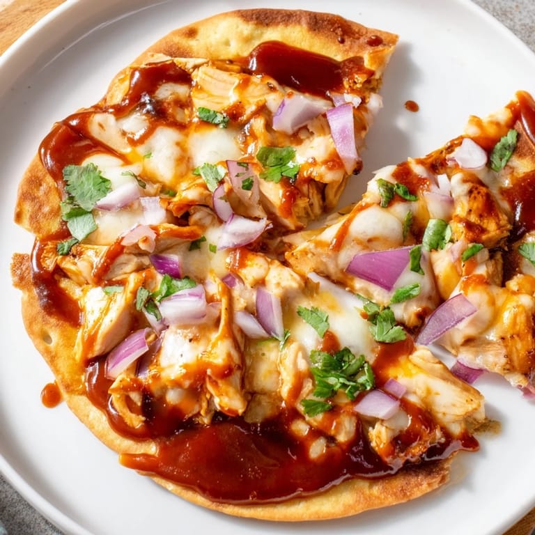 Crispy edges of BBQ Chicken Flatbread, a delightful American dinner with savory chicken and cheese.