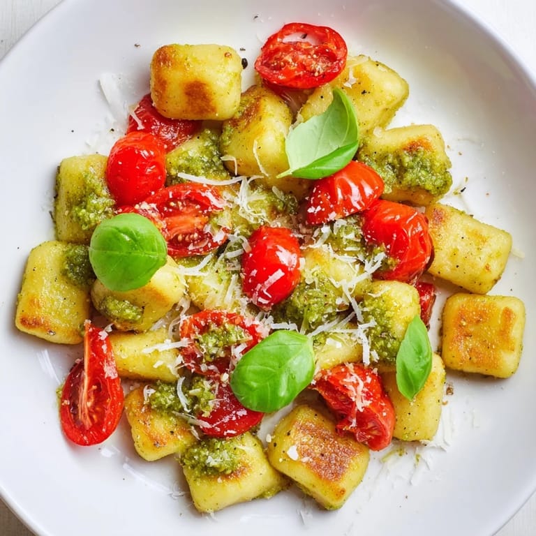 Sizzling Crispy Gnocchi with Pesto, boasting cherry tomatoes and fresh basil, a colorful Italian delight.