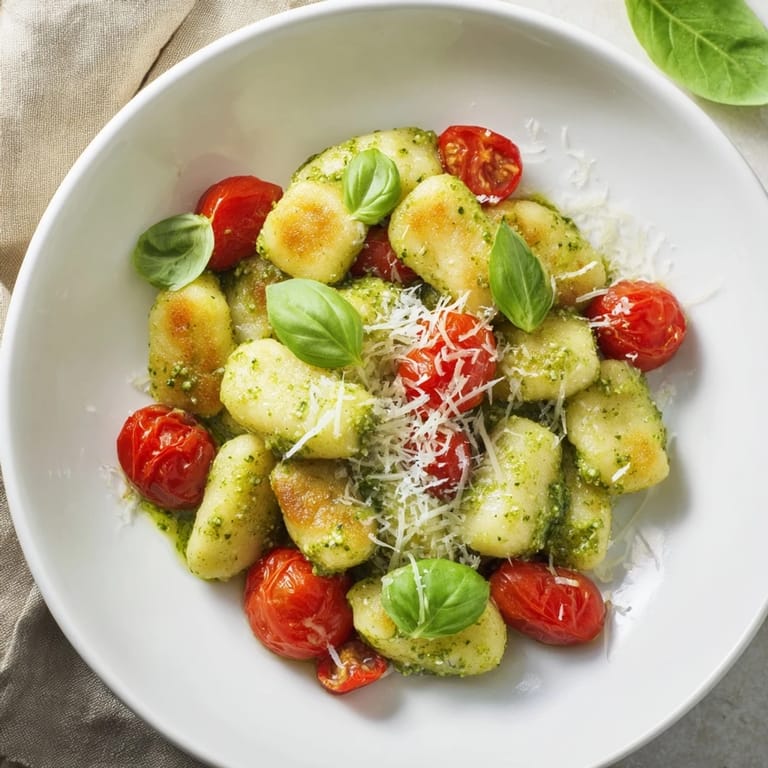 A close-up view of the perfectly prepared Crispy Gnocchi with Pesto, ready for a delicious vegetarian meal.