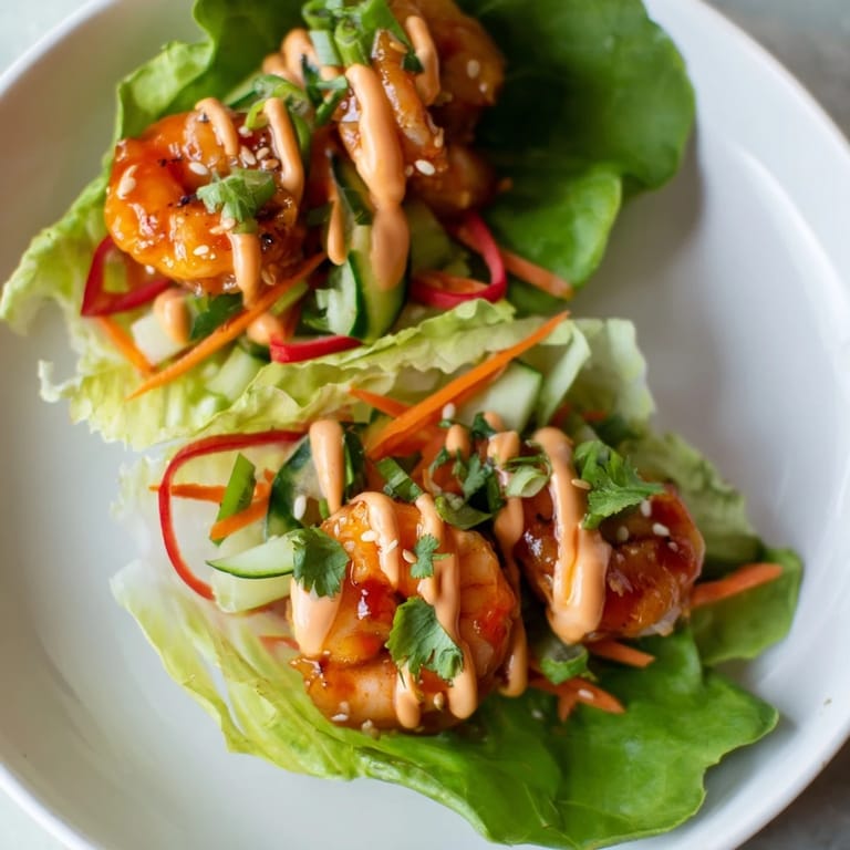 Healthy and colorful shrimp lettuce cups, featuring fresh lettuce holding zesty shrimp and crisp vegetables.