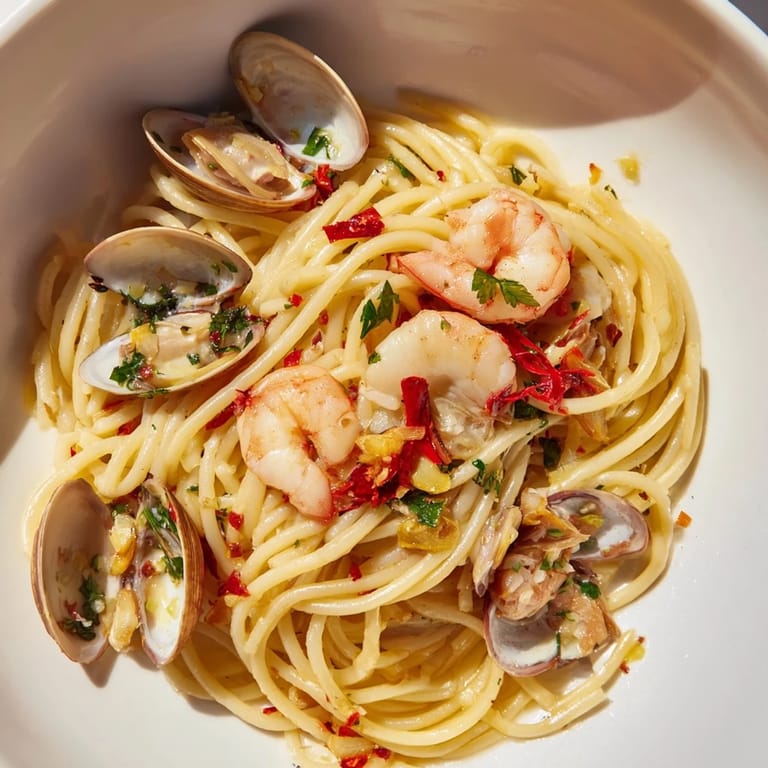 Close-up of freshly made Seafood Pasta Aglio e Olio with clams and shrimp, ready to enjoy.