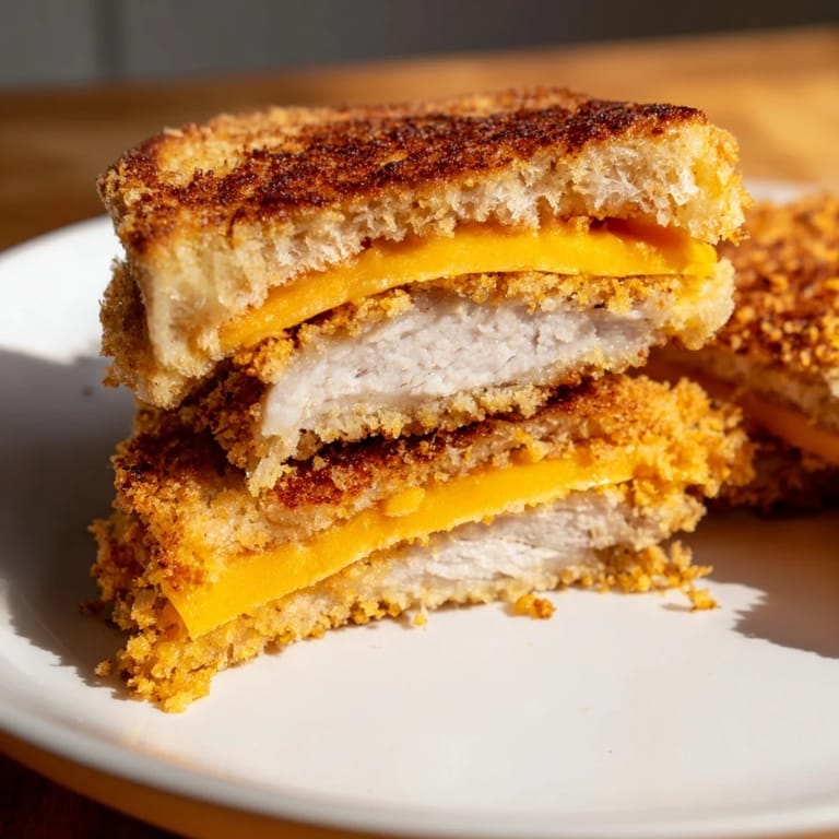 This image shows a perfectly grilled Crispy Panko Pork Chop Grilled Cheese, oozing cheese, warm and inviting.