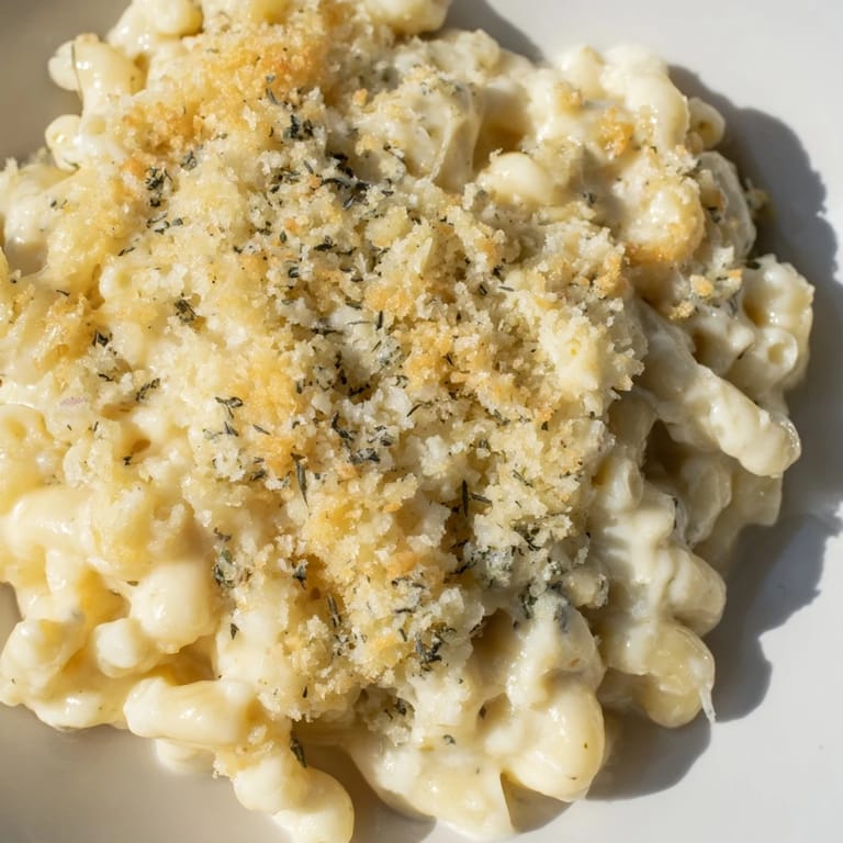 Golden bubbly baked mac and cheese topped with toasted breadcrumbs, ready for eating.