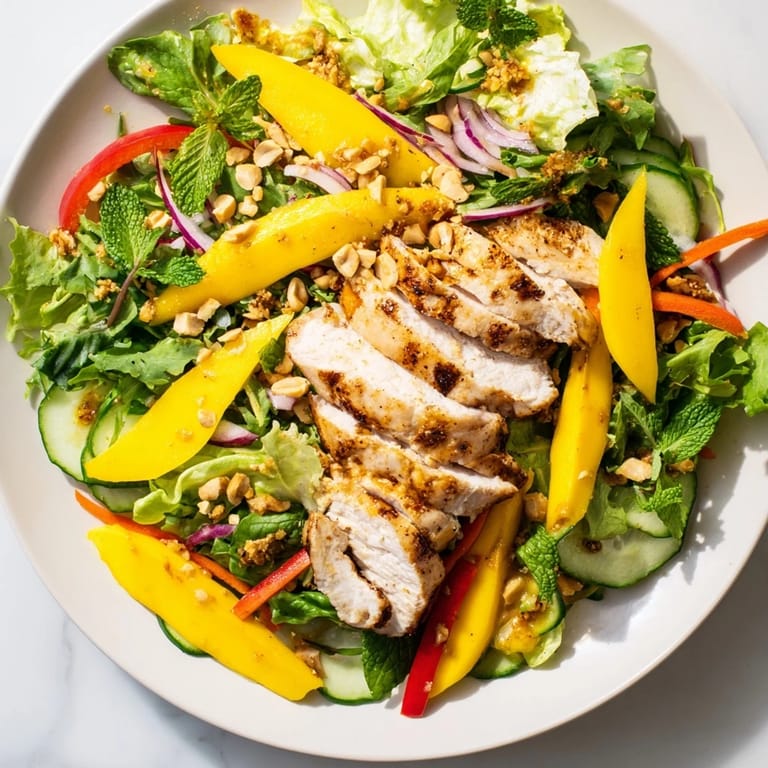 Fresh and vibrant: a flavorful Thai Mango Chicken Salad with herbs and chili dressing.