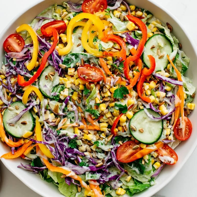 Colorful Rainbow Salad featuring crisp, fresh veggies and a delicious tahini dressing, ready to eat.