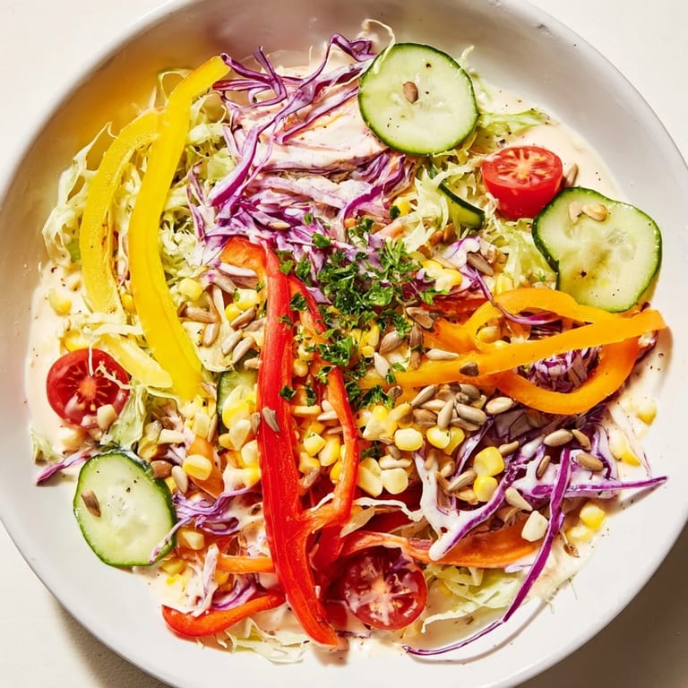 Beautifully composed Rainbow Salad showing off all the fresh, colorful vegetables and drizzle of dressing.
