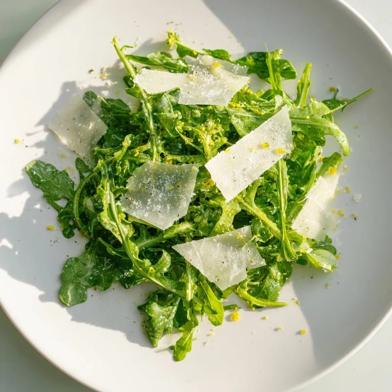 Vibrant arugula salad, boasting a zesty lemon dressing, ready to enjoy as a light, fresh meal.