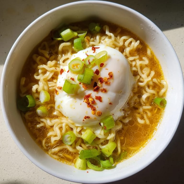 A close-up view of creamy upgraded instant ramen, featuring a rich egg yolk and savory broth.