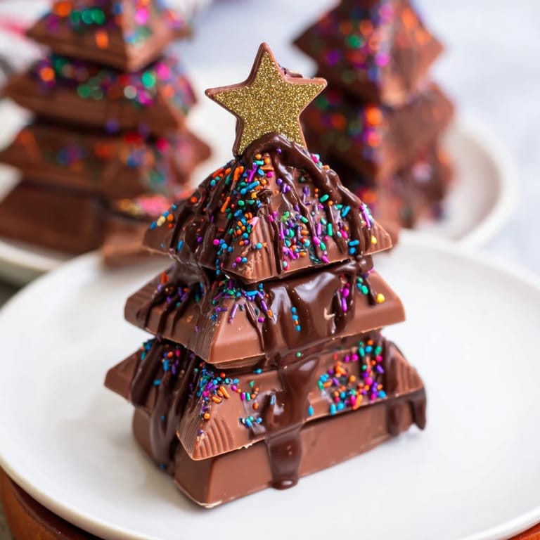 Close-up of delicious Chocolate Kinder Christmas Trees: stacked, drizzled chocolates, perfect for Christmas!