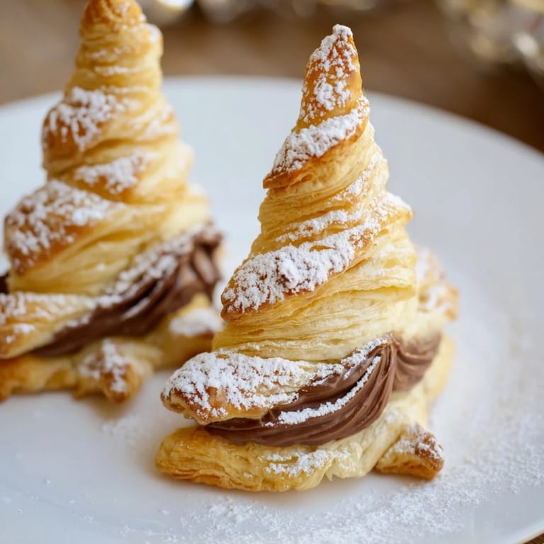 Crispy-edged Nutella Pastry Christmas Trees dusted with powdered sugar, ready for a delicious dessert.