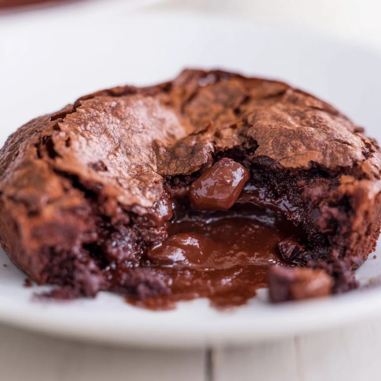A close-up shot of Ina Garten's brownie pudding, showcasing the crackled top and molten, gooey center.