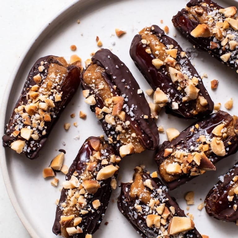 Frozen Date Bark Snickers-Style featuring a generous chocolate coating, perfect for a refreshing treat.