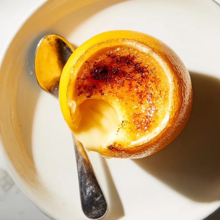 Golden, caramelized sugar crust atop chilled Lemon Brûlée Posset, a delightful, zesty treat.