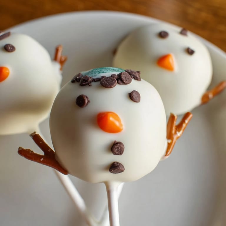 A close-up of festive Oreo snowman cake pops, perfect for Christmas or winter celebrations.