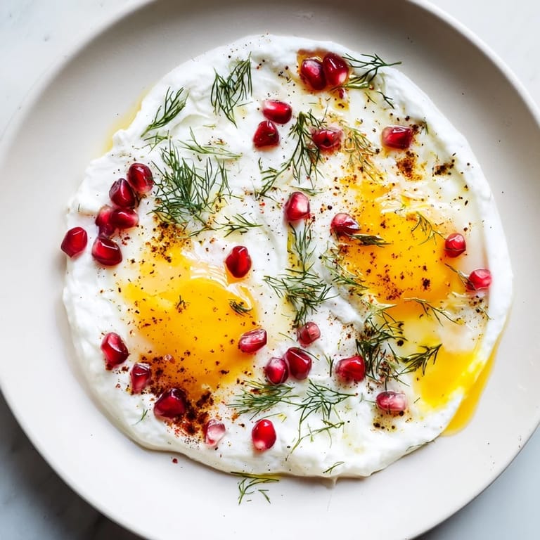 This vibrant Çılbır recipe features eggs nestled in garlicky yogurt with a sprinkle of pomegranate.
