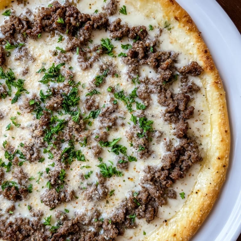 Mouthwatering Ground Beef Alfredo Pizza, featuring melted mozzarella bubbling atop a golden crust and savory beef.