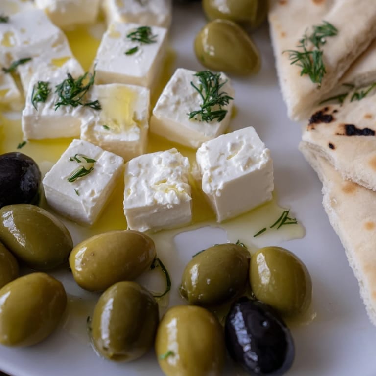Warm pita bread and Turkish cheeses are paired in this tempting Turkish Olives & Cheese Board appetizer.