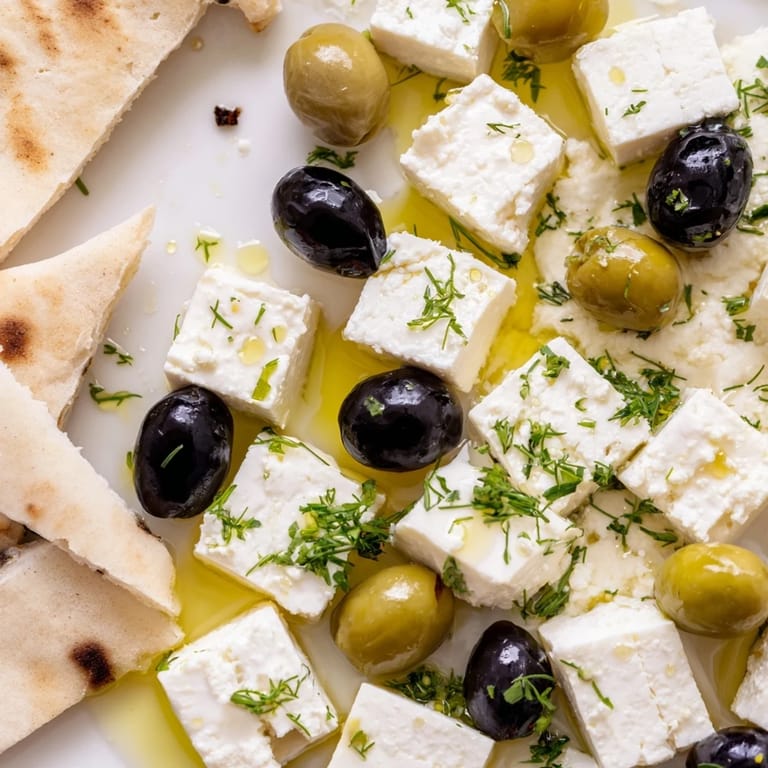 A close-up of a beautifully arranged Turkish Olives & Cheese Board, ready for sharing and enjoyment.