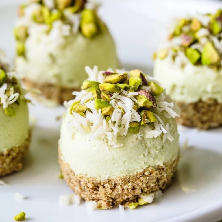 A close-up of decadent Pistachio cheesecake bites garnished with chopped pistachios, ready to be enjoyed.