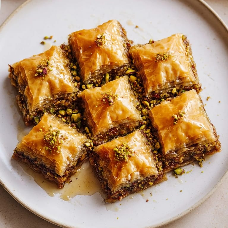 A close-up of buttery, layered Turkish Hazelnut & Pistachio Baklava, ready to savor its sweet, nutty flavor.