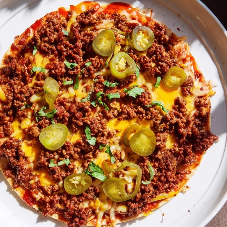 A close-up of a deliciously prepared Spicy Ground Beef Pizza Base, drizzled with hot honey.