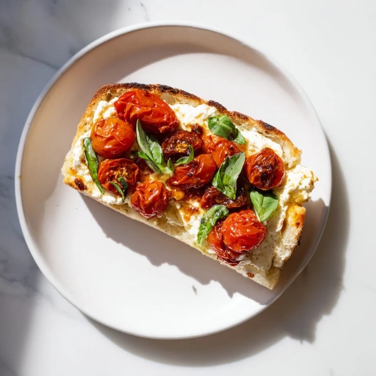 Savory baked feta toast served warm with sweet tomatoes, olive oil, and basil.
