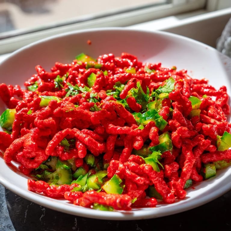 A close-up view of a bowl of Flamin Hot Cheeto Salad, showcasing the bright red crushed chips mixed with cool green cucumber.