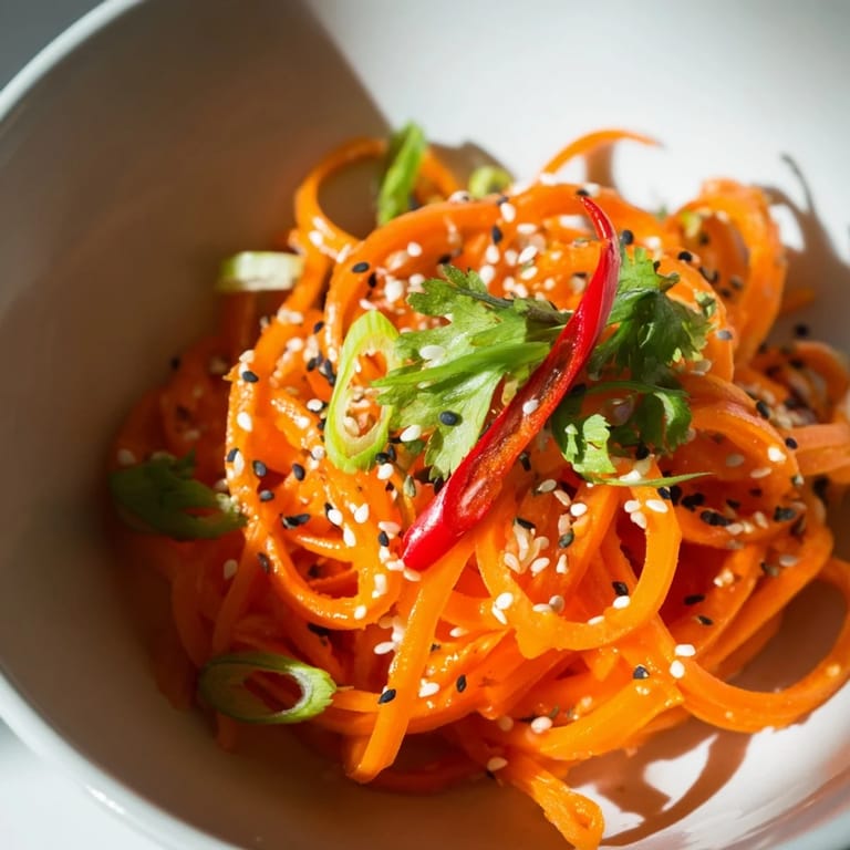 In a bamboo bowl, this refreshing Carrot Ribbon Salad Asian-Style features tender carrot ribbons, sliced red chili, and green onions.