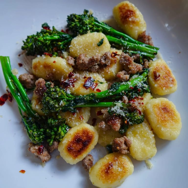 A close-up of the golden-brown gnocchi, sausage, and broccolini from the Sheet Pan Gnocchi Bake.