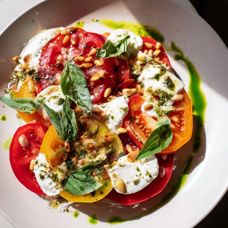Bright heirloom tomatoes and melted burrata glisten on the Heirloom Tomato Salad Board, garnished with basil and pine nuts.