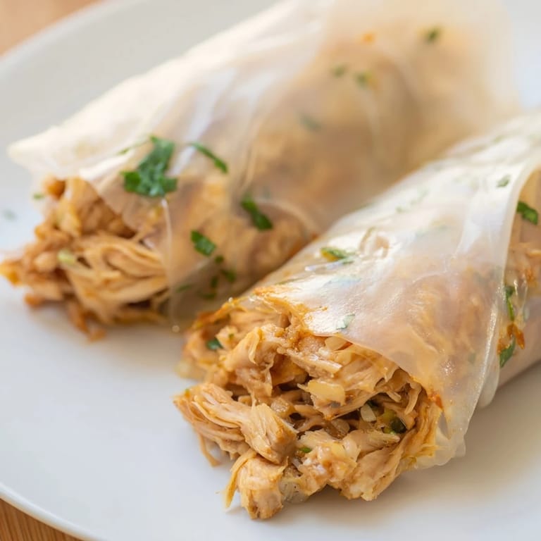 A close-up of garlicky pulled chicken wraps, showcasing golden crispy rice paper and vibrant vegetable fillings on a rustic plate.  