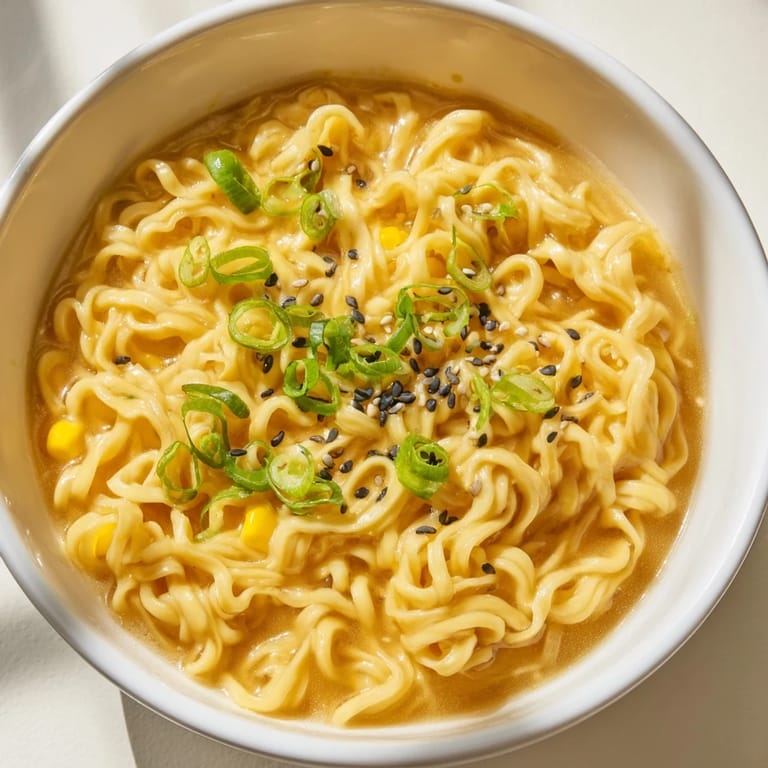 A quick 15-minute Elevated Ramen Egg Drop Soup simmered with corn and spinach, garnished with scallions and sesame seeds.  